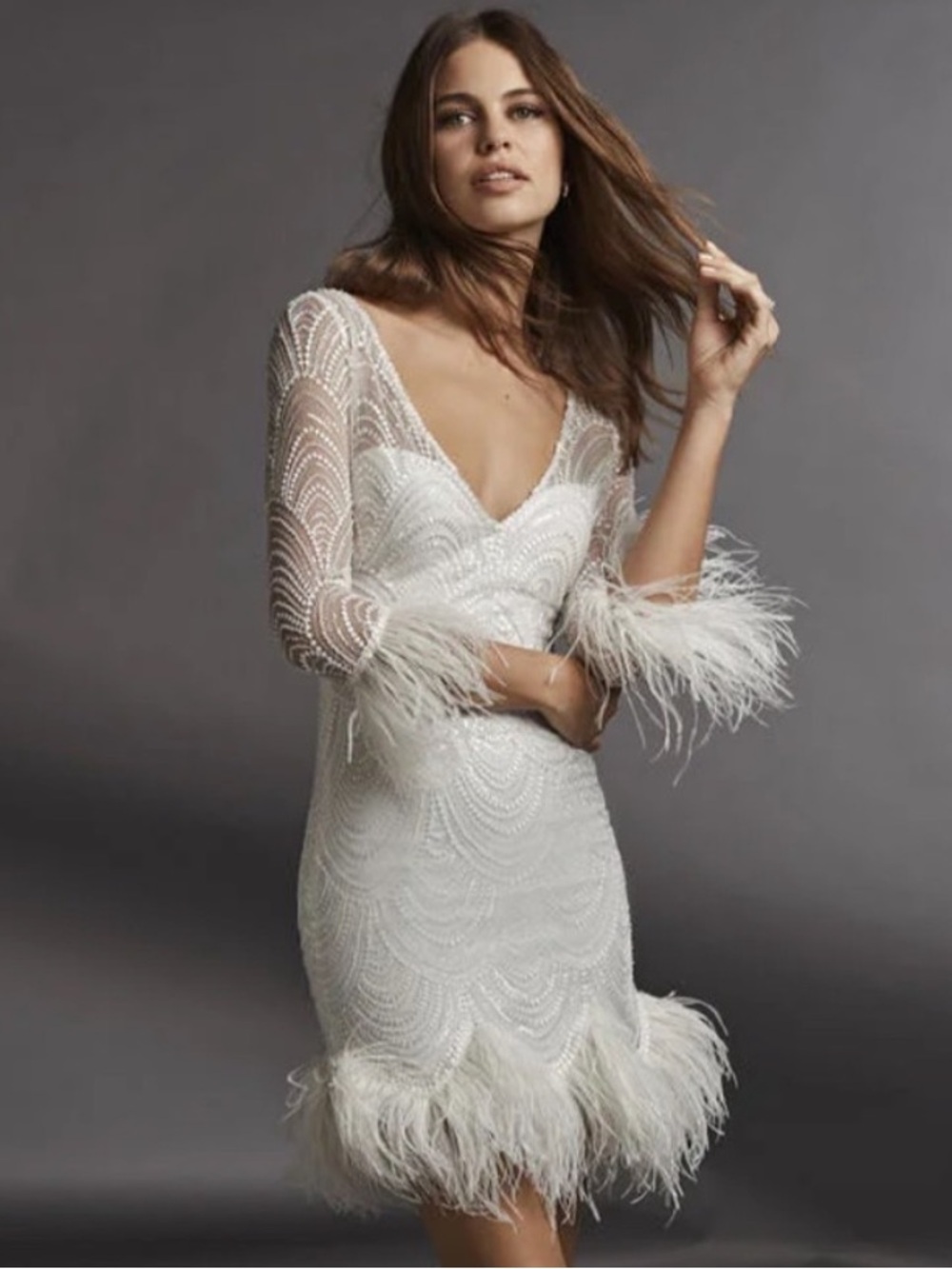 Pronovias Little White Bridal Mini Dress Feather Beaded NWT 6